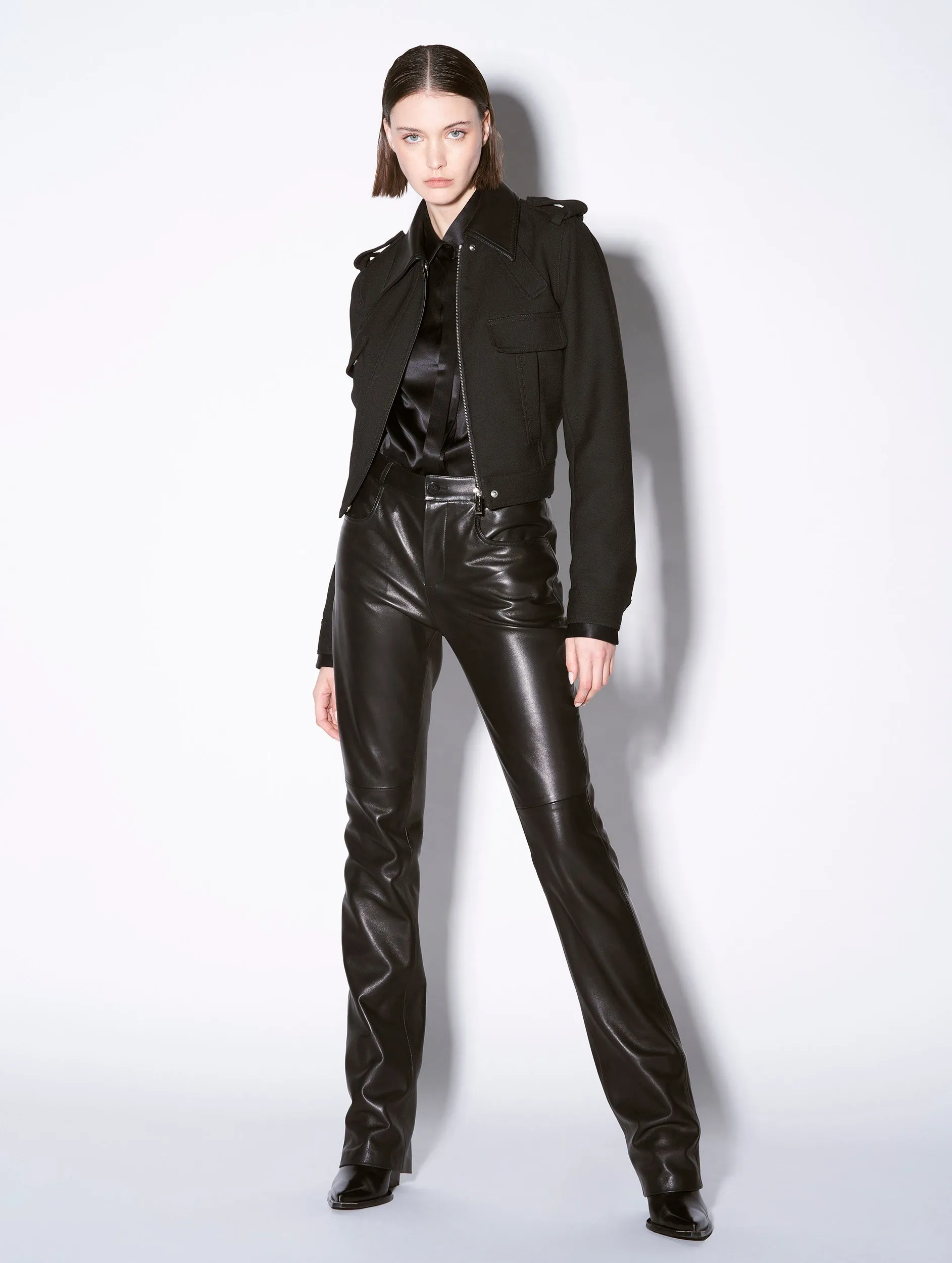 Black plongé leather straight fit trousers