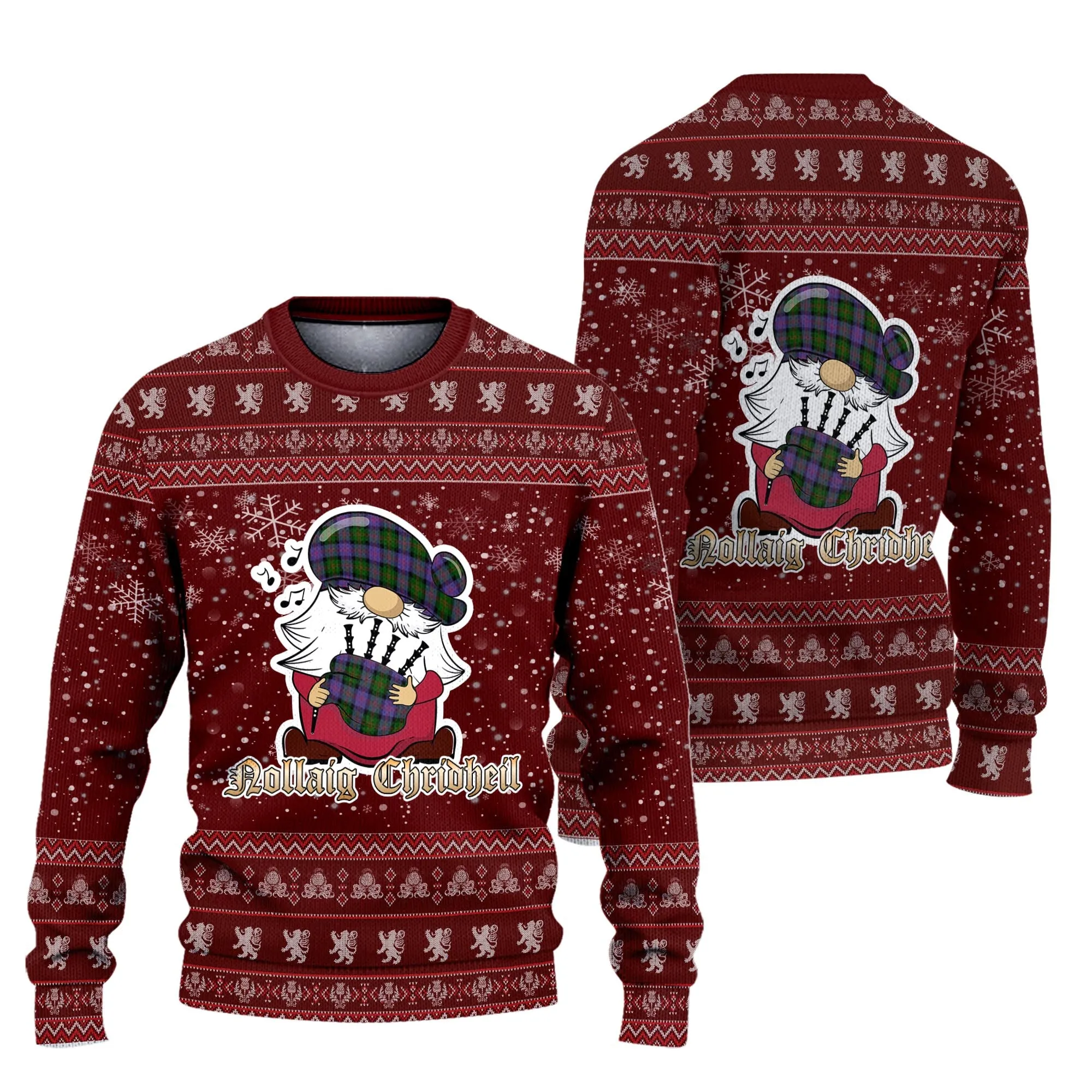 Blair Modern Clan Christmas Family Ugly Sweater with Funny Gnome Playing Bagpipes