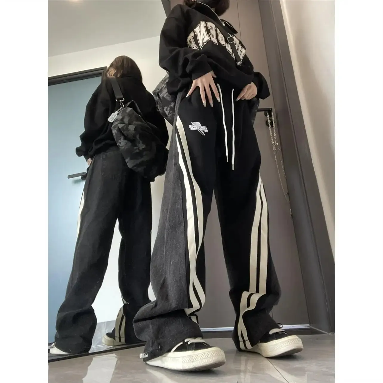 Bonnyshow Contrast Drawstring Lounge Pants American High Street Straight Casual Pants Women Fashion Hip-Hop Simple Loose Trousers