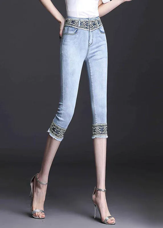 Boutique Light Blue High Waist Zip Up Lace Patchwork Slim Cotton Denim Crop Pants