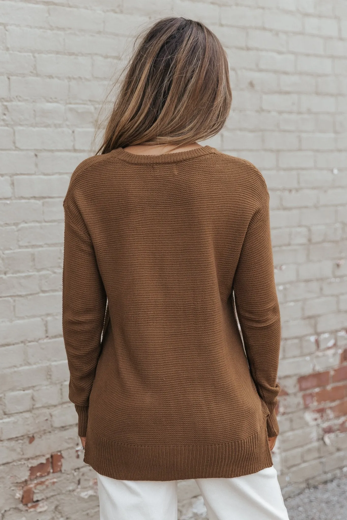 Brown Long Sleeve Ribbed Sweater