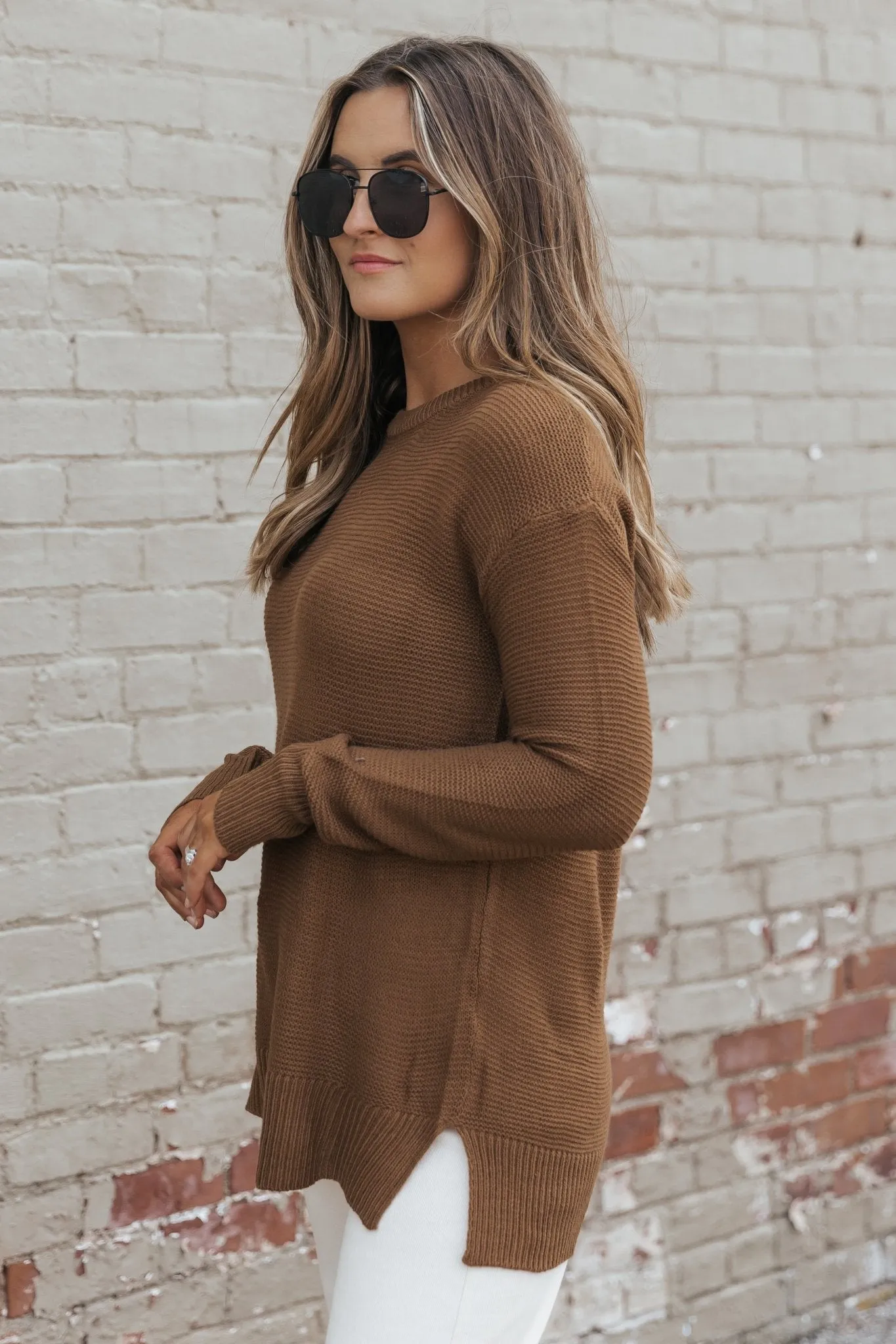 Brown Long Sleeve Ribbed Sweater