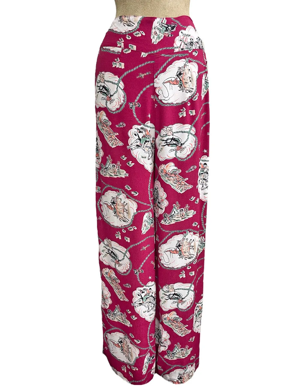 Burgundy Western Print 40s Style High Waist Palazzo Pants