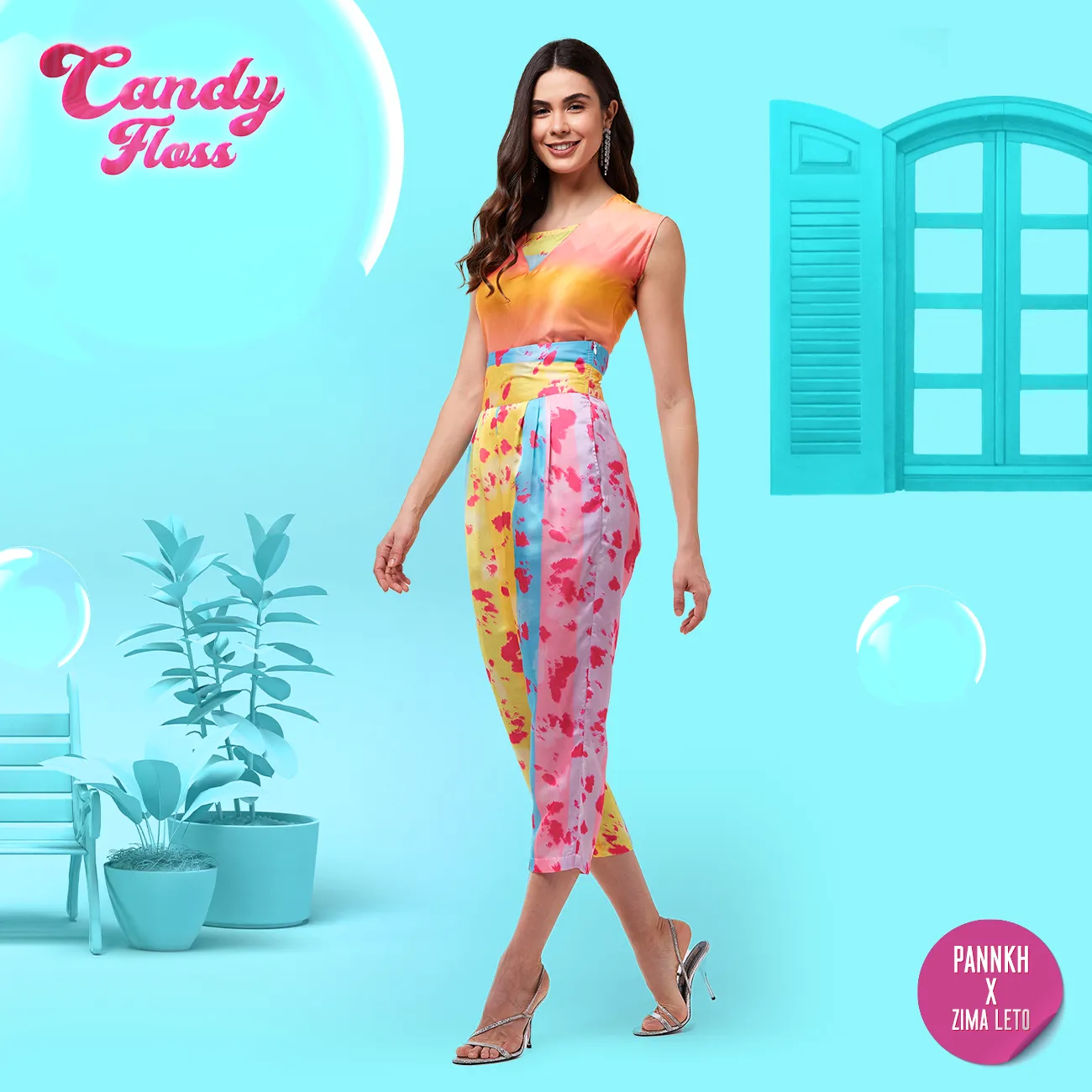 Candy Inspired Digital Printed Crop Top With High Waist Pleated Pants