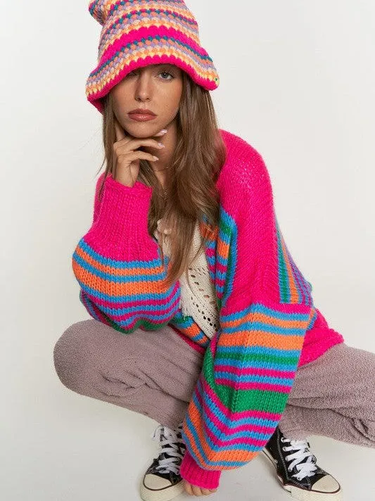 Cardi-Fabulous Multi-Striped Chunky Knit Open Cardigan