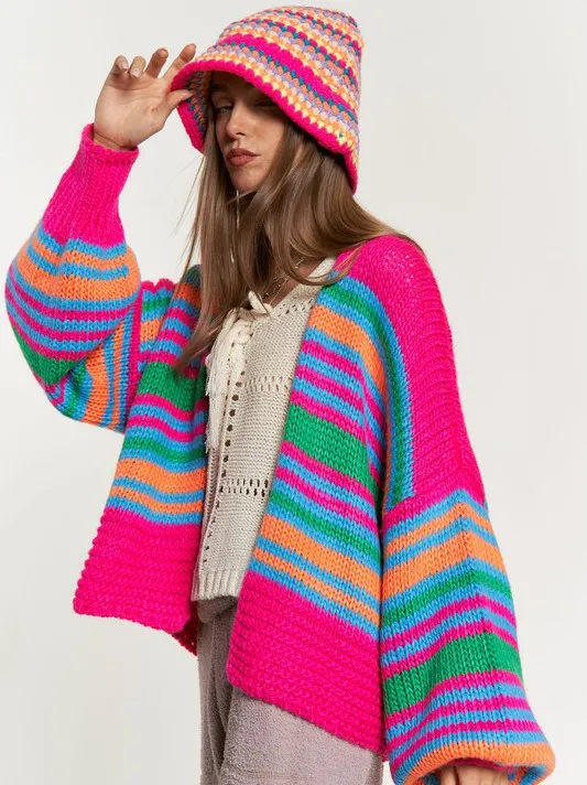 Cardi-Fabulous Multi-Striped Chunky Knit Open Cardigan