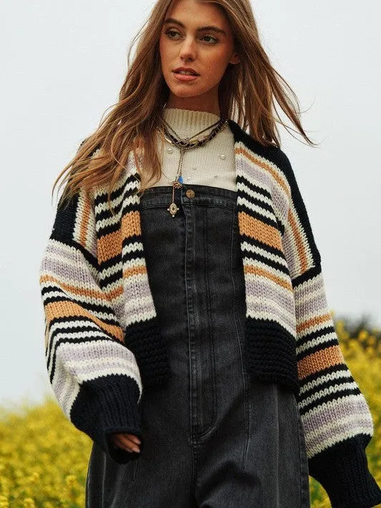 Cardi-Fabulous Multi-Striped Chunky Knit Open Cardigan