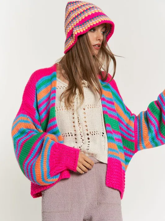 Cardi-Fabulous Multi-Striped Chunky Knit Open Cardigan