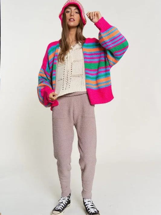 Cardi-Fabulous Multi-Striped Chunky Knit Open Cardigan