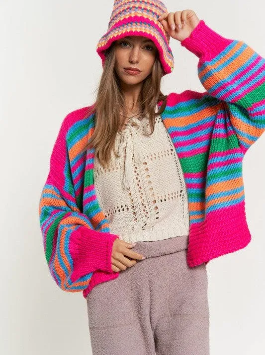 Cardi-Fabulous Multi-Striped Chunky Knit Open Cardigan