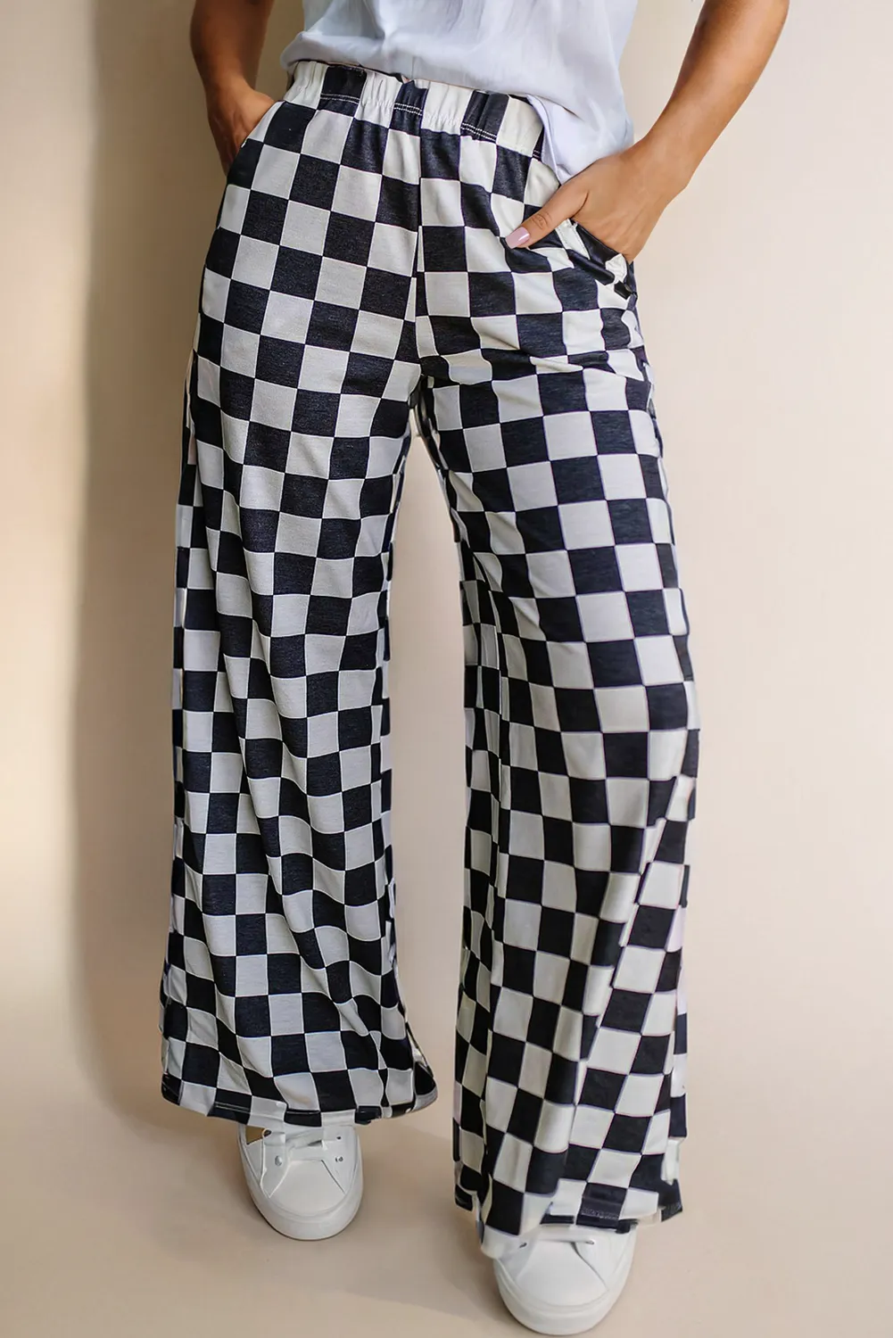 Checkered Print High Waist Wide Leg Pants