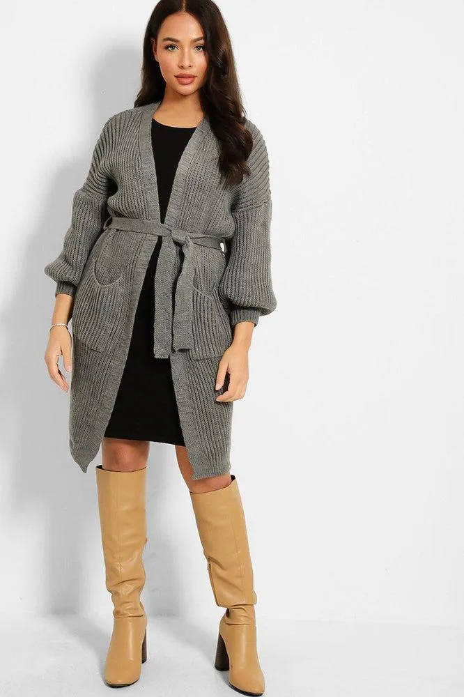 Chunky Knit Waist Tie Midi Cardigan