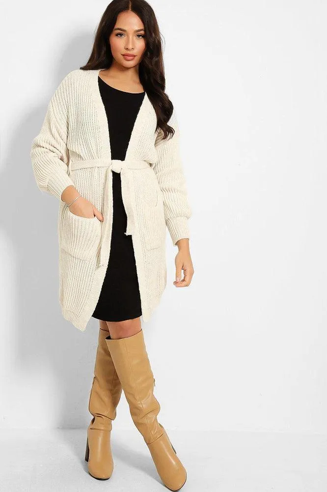 Chunky Knit Waist Tie Midi Cardigan