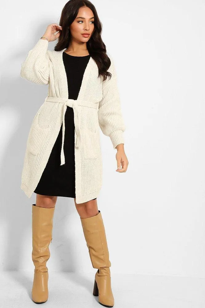 Chunky Knit Waist Tie Midi Cardigan