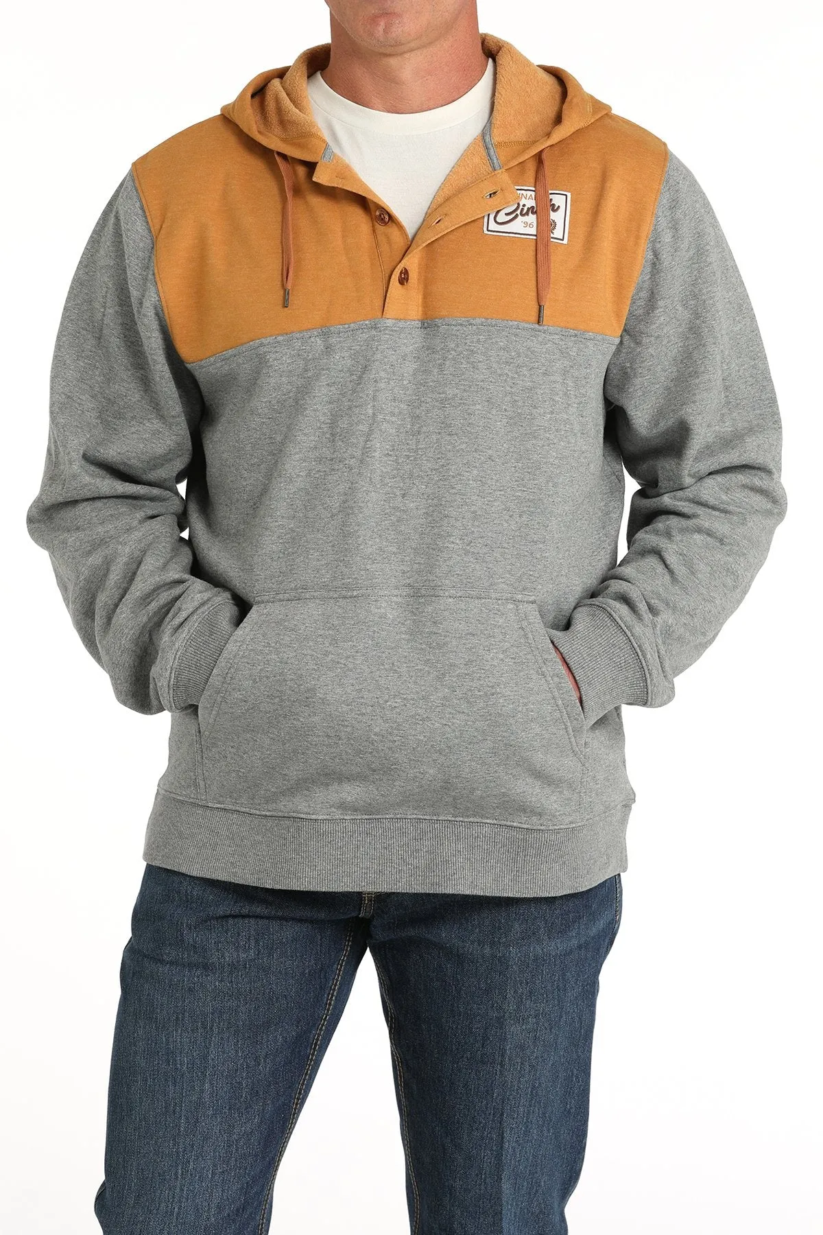 Cinch Men's Color Block Logo Pullover Hoodie in Gold & Grey