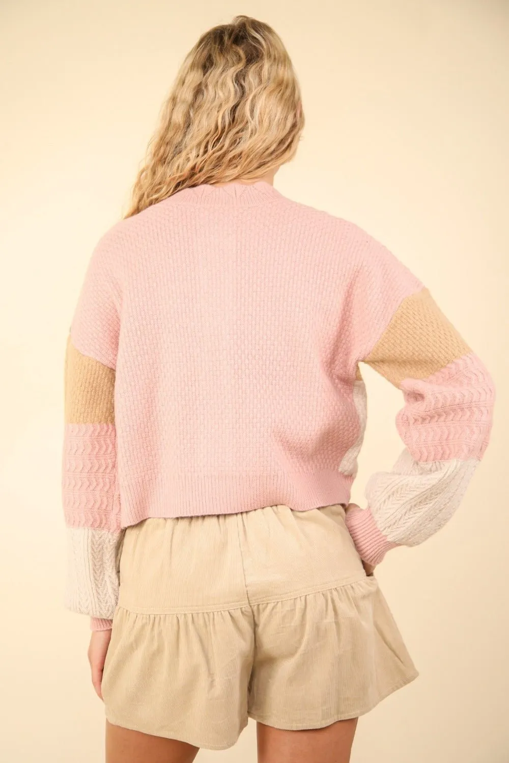 Color Block Button Down Textured Cardigan in Blush