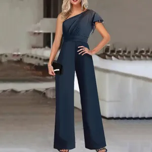 Color Diagonal Collar Strapless High Waist Jumpsuit