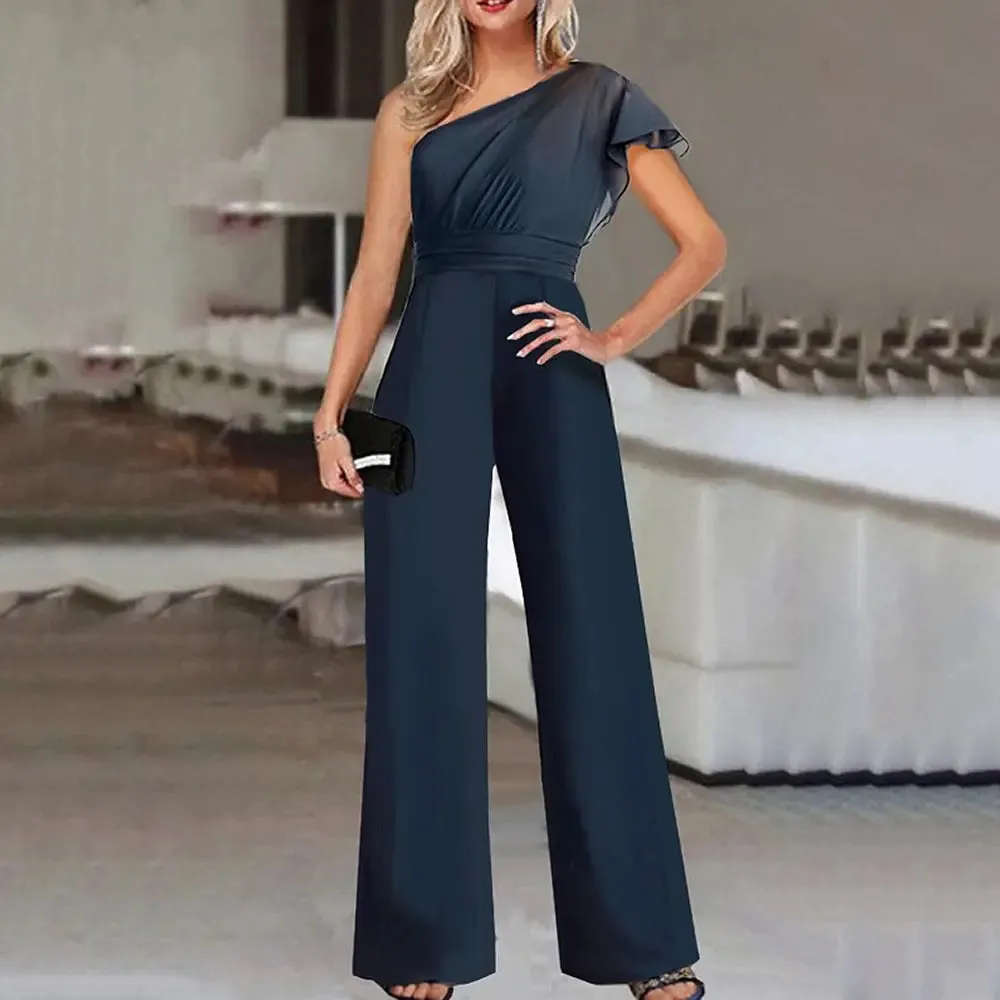 Color Diagonal Collar Strapless High Waist Jumpsuit