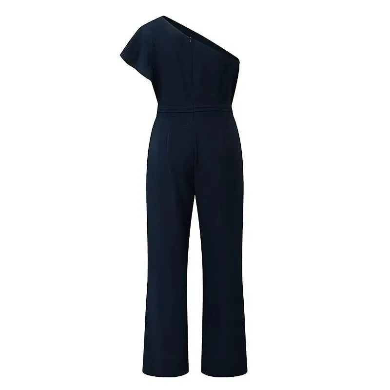 Color Diagonal Collar Strapless High Waist Jumpsuit