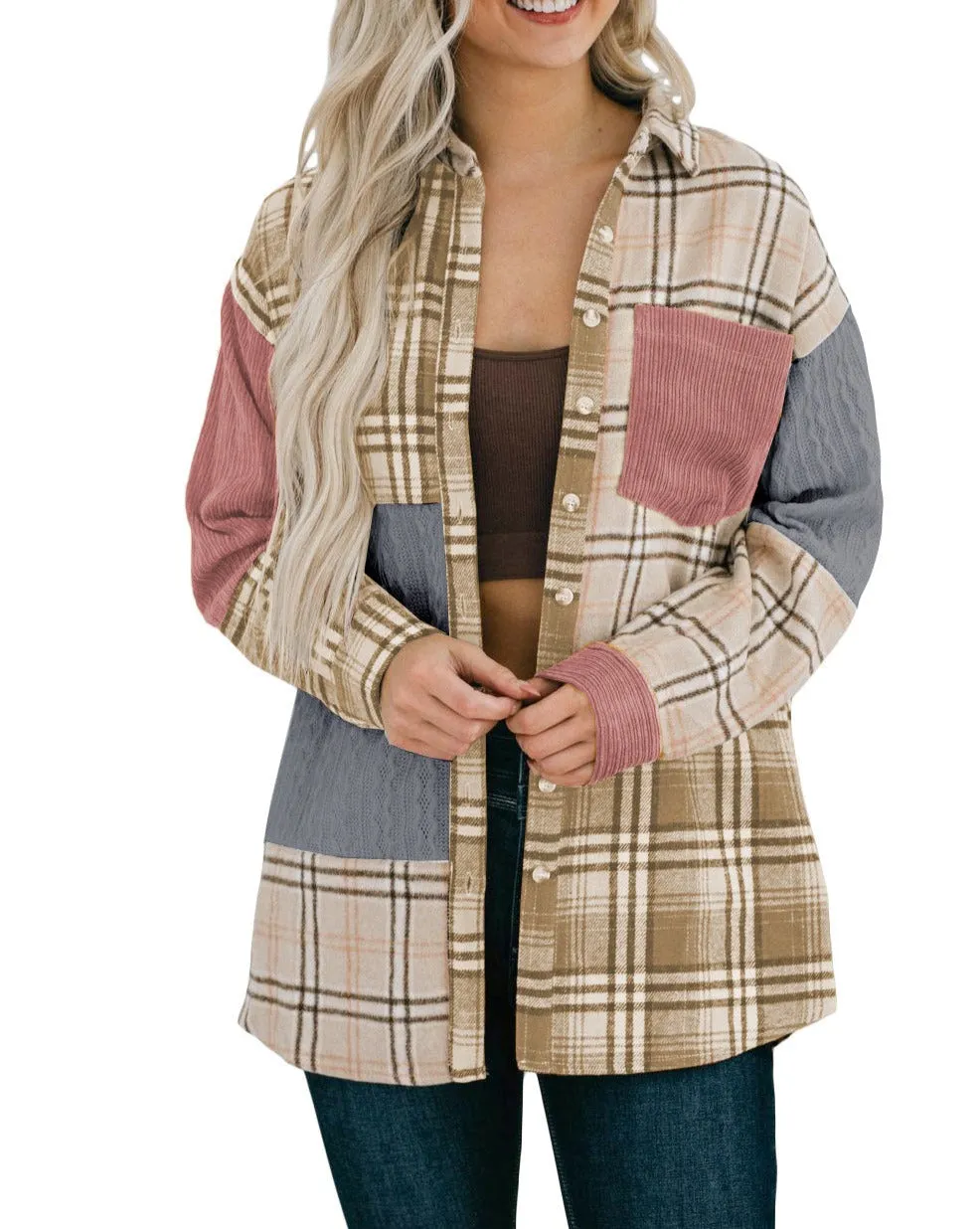 Colorblock Plaid Cable Pocketed Shacket