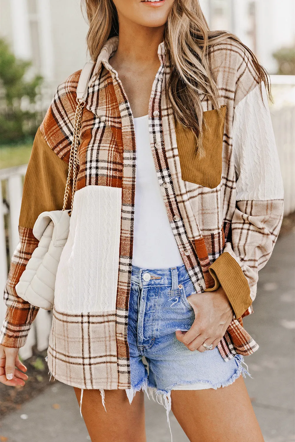 Colorblock Plaid Cable Pocketed Shacket