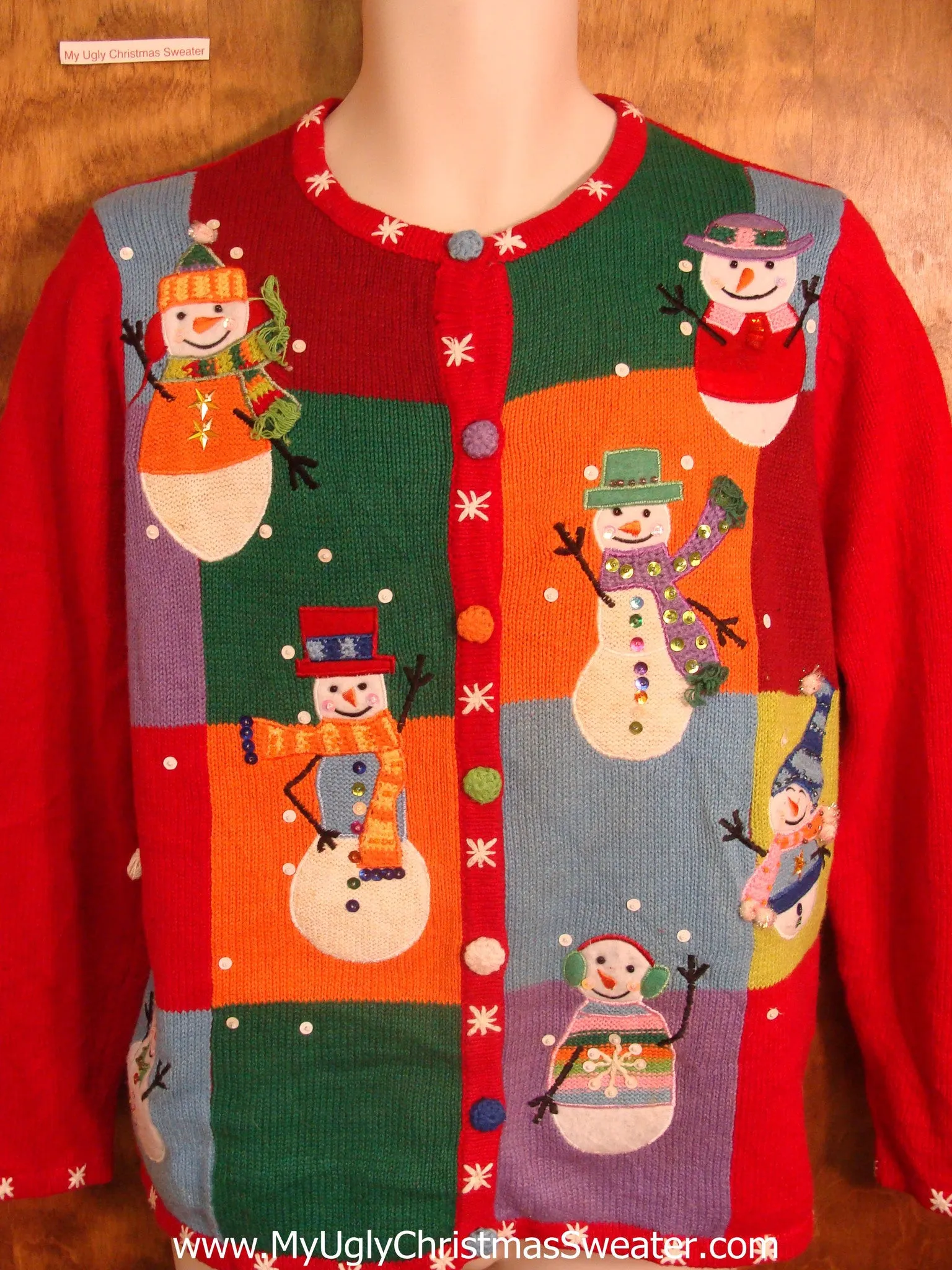 Colorful Waving Snowmen Bad Christmas Sweater