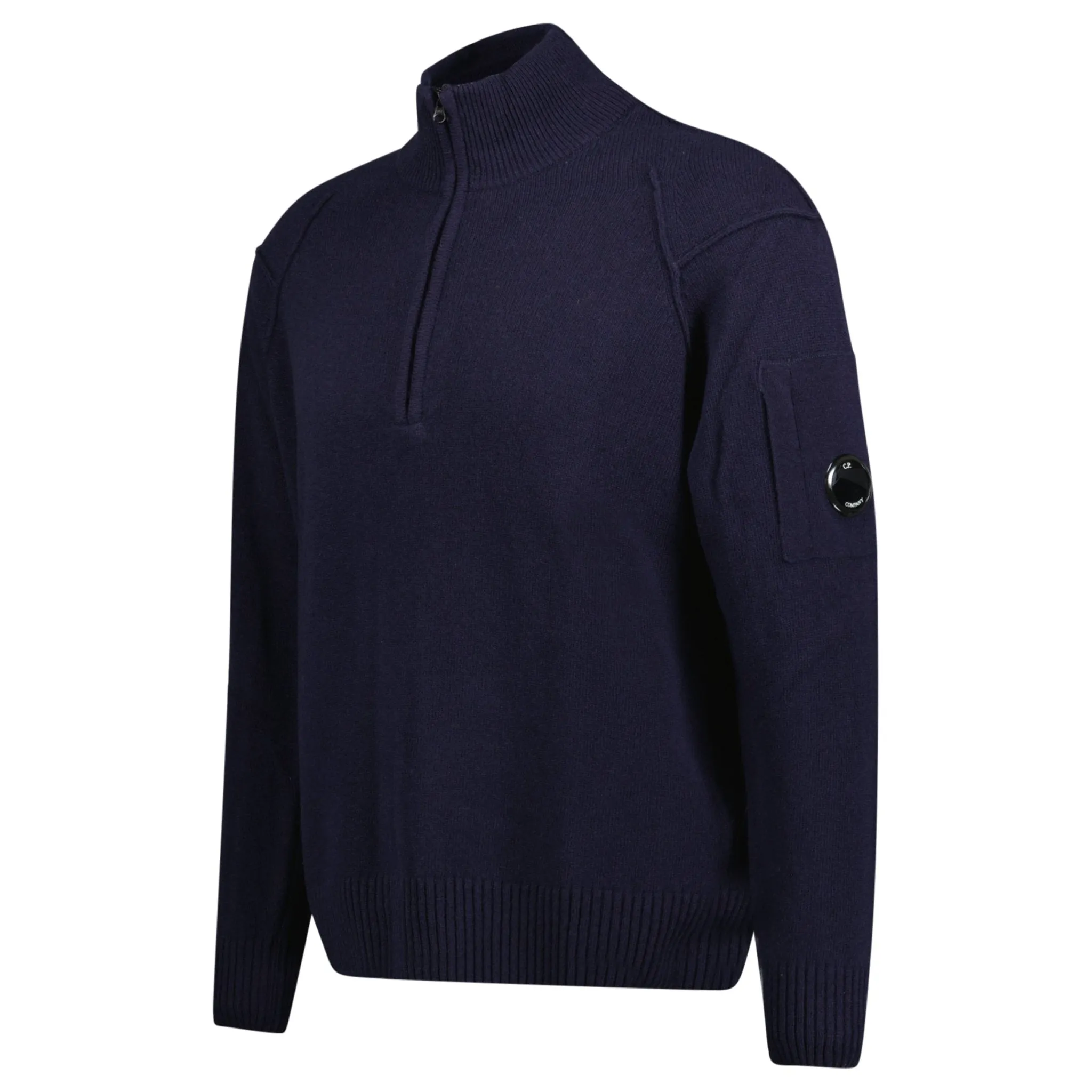 CP COMPANY ARM LENS KNITTED CARDIGAN NAVY BLUE