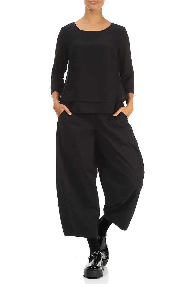 Cropped Wide Black Cotton Trousers