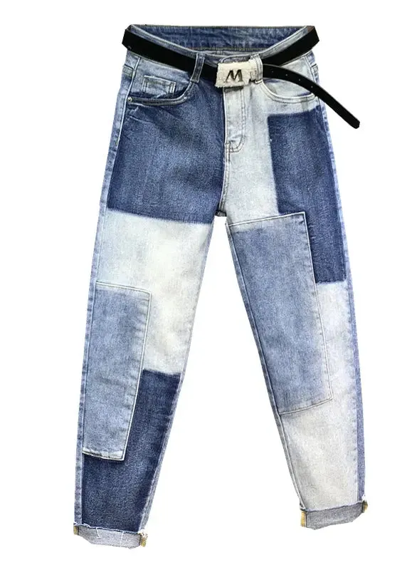 DIY Blue High Waist Pockets Patchwork Denim Pants Fall ML0705