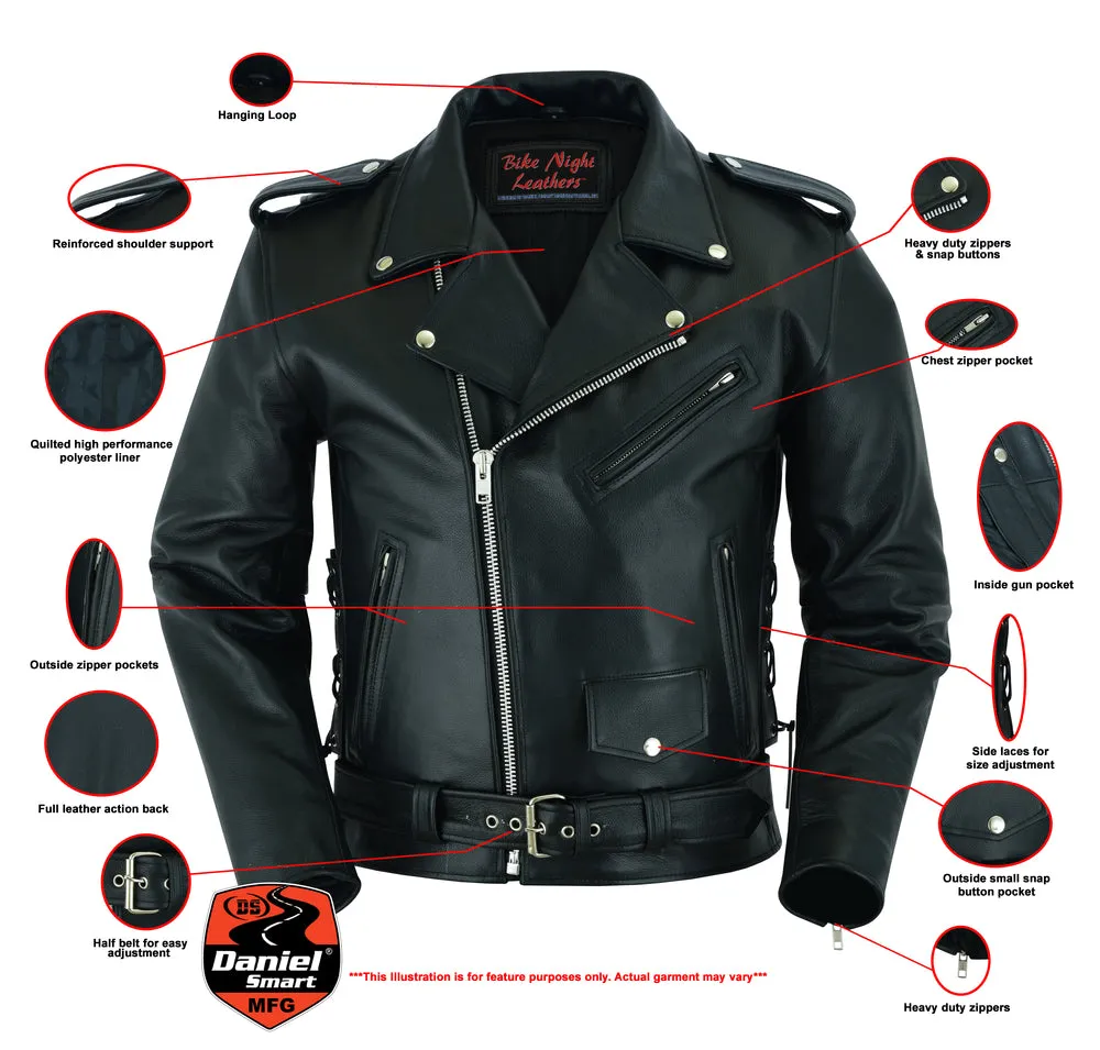 DS711 Economy Motorcycle Classic Biker Leather Jacket - Side Laces