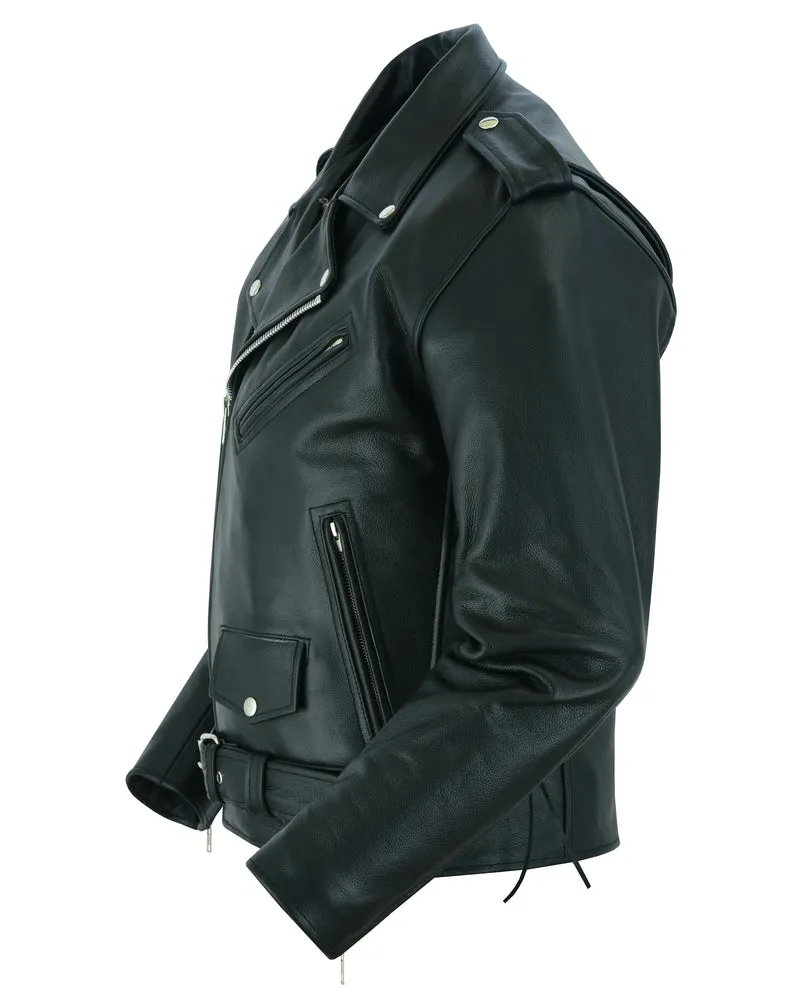 DS711 Economy Motorcycle Classic Biker Leather Jacket - Side Laces