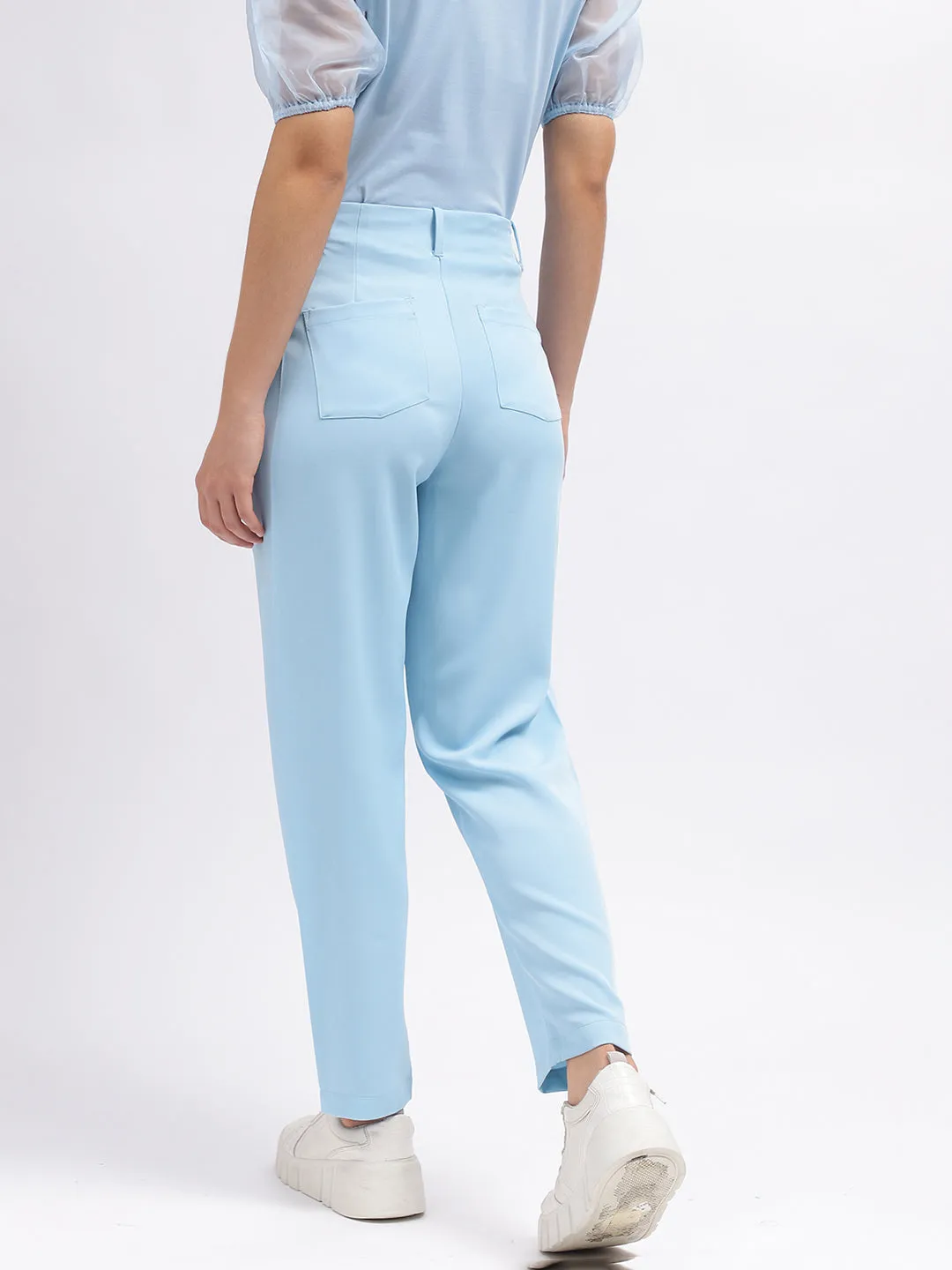 Elle Women Blue Solid Straight Fit High-Rise Trouser