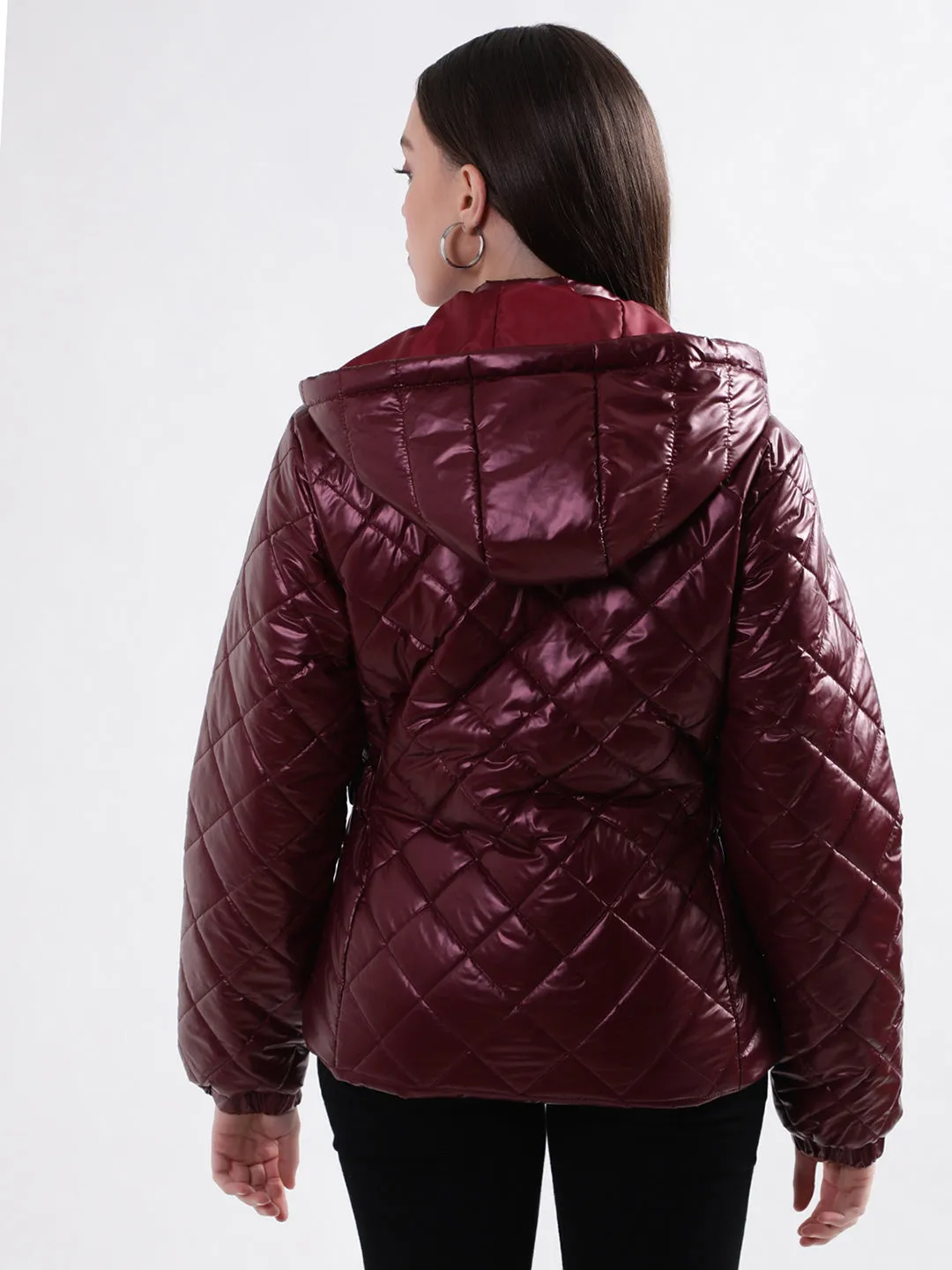 Elle Women Maroon Solid Hooded Full Sleeves Quilted Jacket