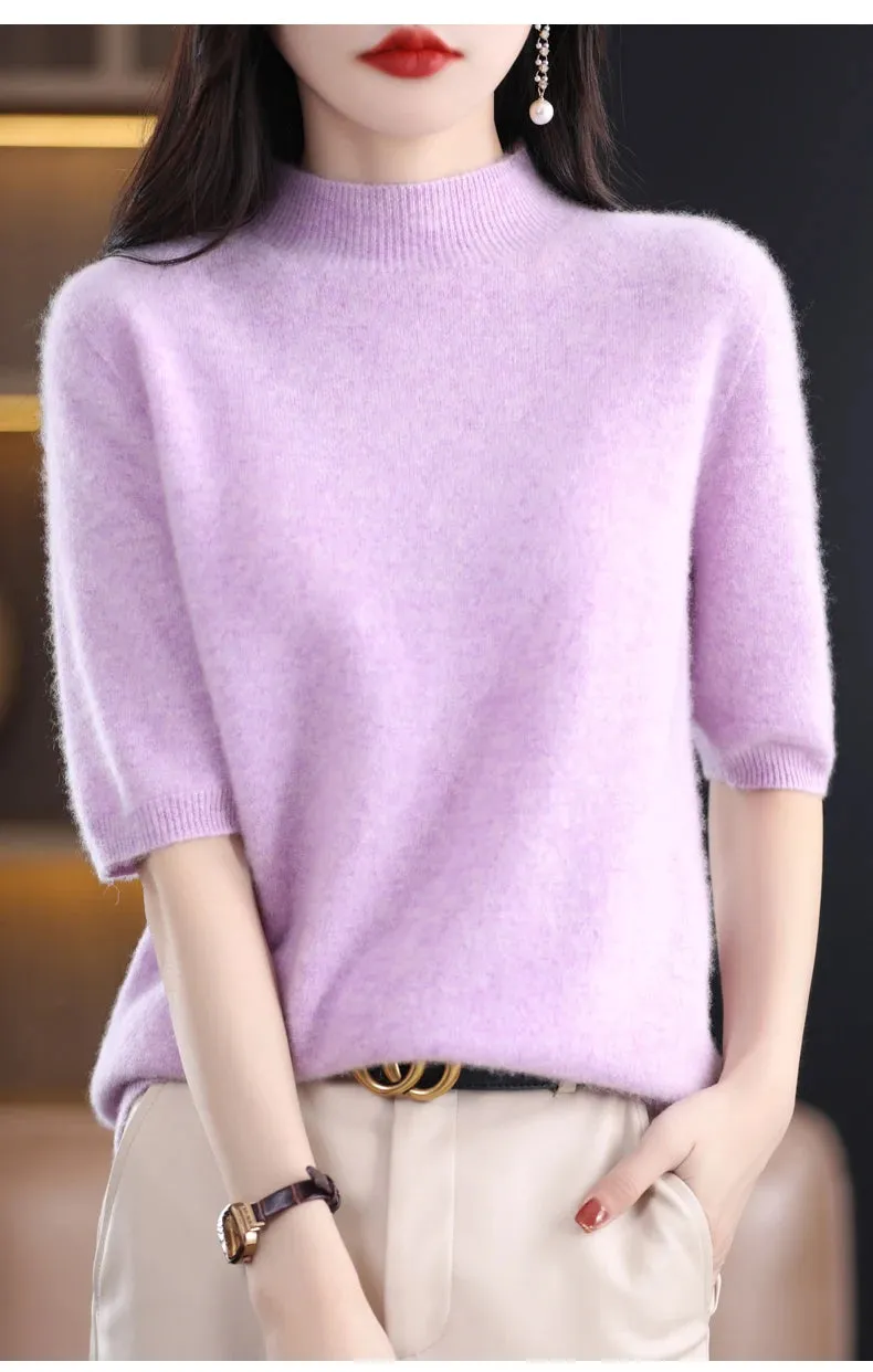 Fashion Half Short Sleeve 100% Merino Wool Sweater Basic Mock-Neck  Cashmere Women Knitted Top  Pullover Clothing Tops