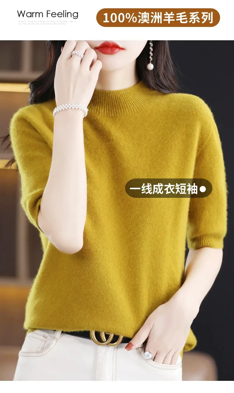 Fashion Half Short Sleeve 100% Merino Wool Sweater Basic Mock-Neck  Cashmere Women Knitted Top  Pullover Clothing Tops