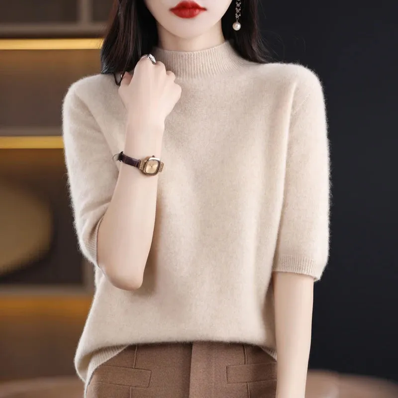 Fashion Half Short Sleeve 100% Merino Wool Sweater Basic Mock-Neck  Cashmere Women Knitted Top  Pullover Clothing Tops