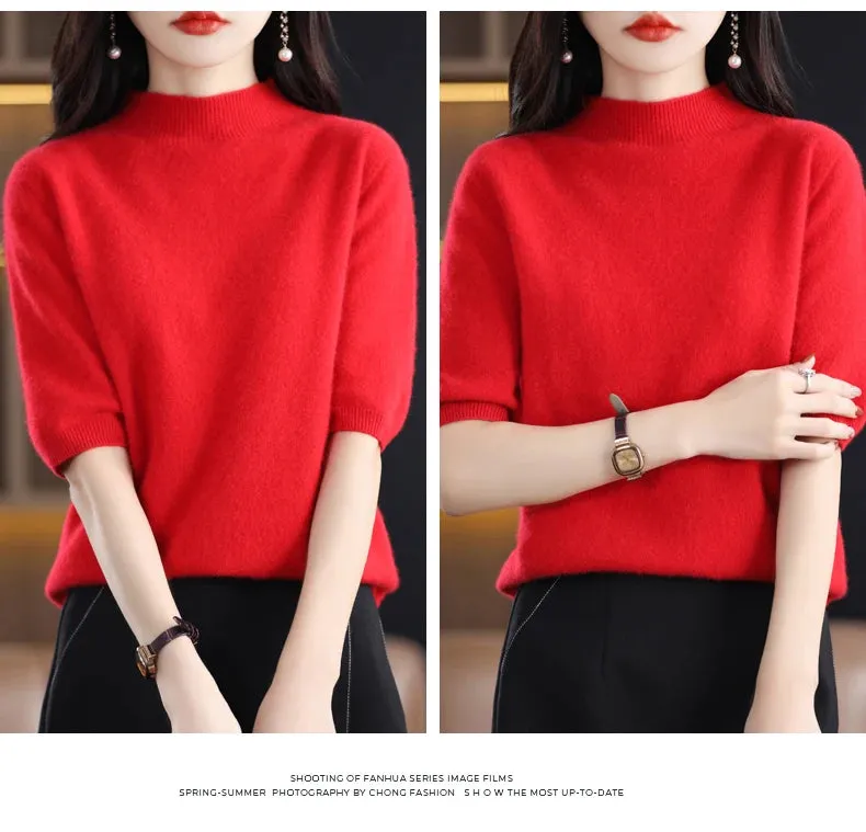 Fashion Half Short Sleeve 100% Merino Wool Sweater Basic Mock-Neck  Cashmere Women Knitted Top  Pullover Clothing Tops