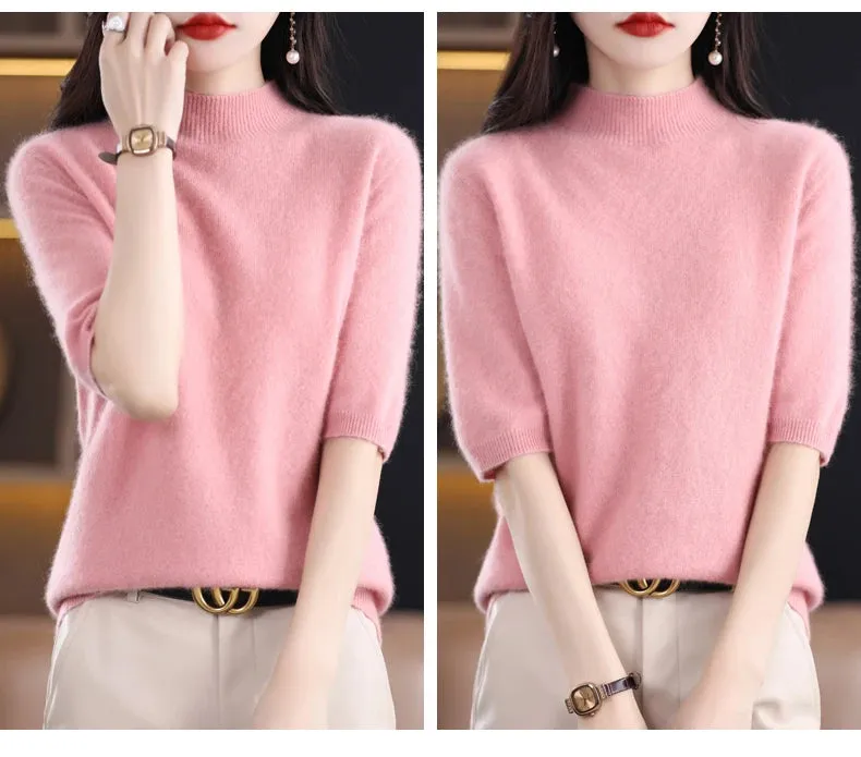 Fashion Half Short Sleeve 100% Merino Wool Sweater Basic Mock-Neck  Cashmere Women Knitted Top  Pullover Clothing Tops