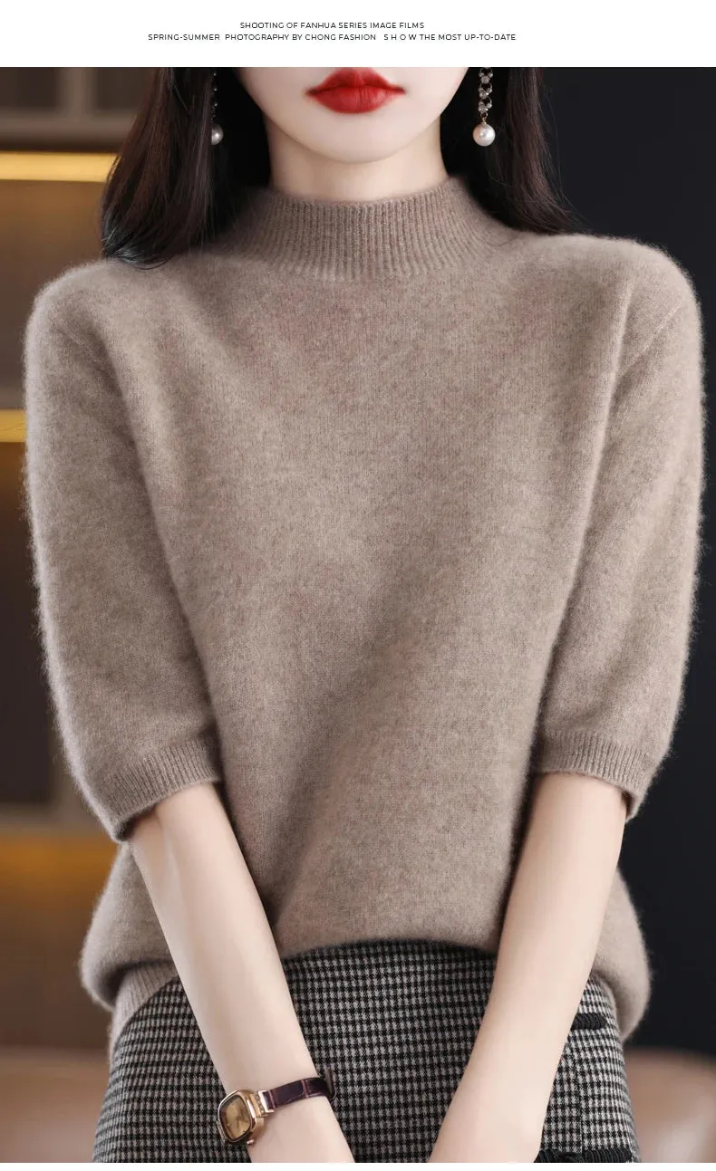 Fashion Half Short Sleeve 100% Merino Wool Sweater Basic Mock-Neck  Cashmere Women Knitted Top  Pullover Clothing Tops