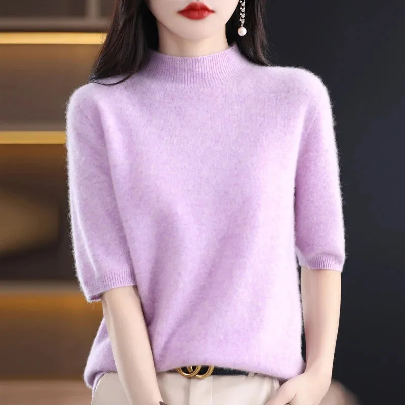 Fashion Half Short Sleeve 100% Merino Wool Sweater Basic Mock-Neck  Cashmere Women Knitted Top  Pullover Clothing Tops