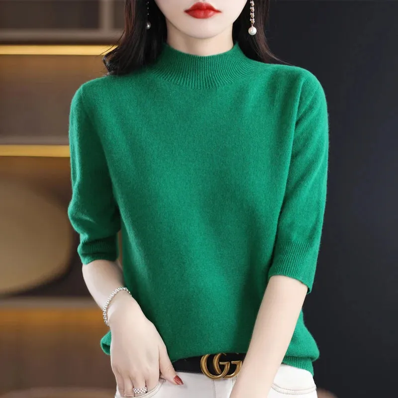 Fashion Half Short Sleeve 100% Merino Wool Sweater Basic Mock-Neck  Cashmere Women Knitted Top  Pullover Clothing Tops