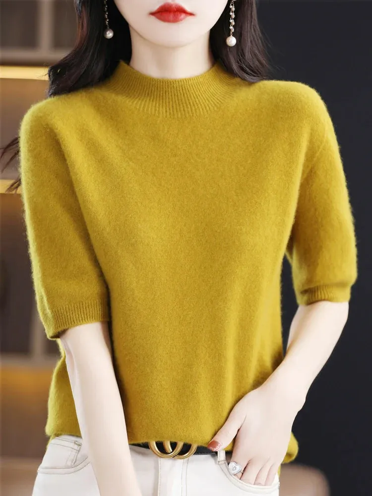 Fashion Half Short Sleeve 100% Merino Wool Sweater Basic Mock-Neck  Cashmere Women Knitted Top  Pullover Clothing Tops