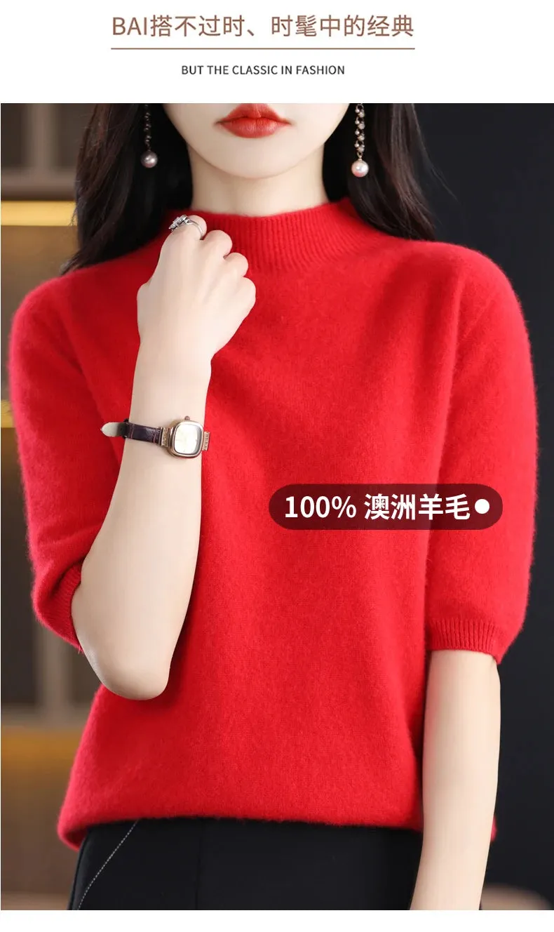 Fashion Half Short Sleeve 100% Merino Wool Sweater Basic Mock-Neck  Cashmere Women Knitted Top  Pullover Clothing Tops