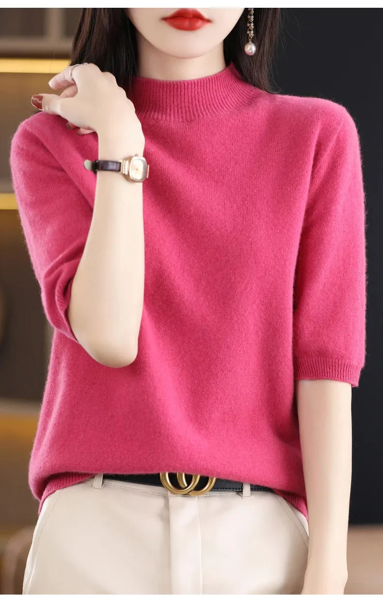 Fashion Half Short Sleeve 100% Merino Wool Sweater Basic Mock-Neck  Cashmere Women Knitted Top  Pullover Clothing Tops