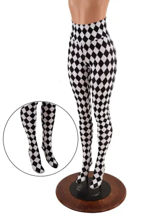 Footed High Waist Leggings in Black and White Diamond