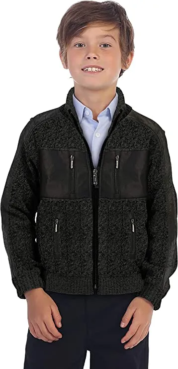 Full Zip Cardigan Patch Design Sweater with Brushed Flannel Lining - Charcoal