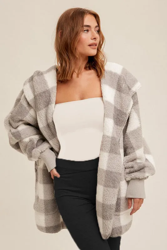 Gray Plaid Sherpa Plush Hooded Cardigan