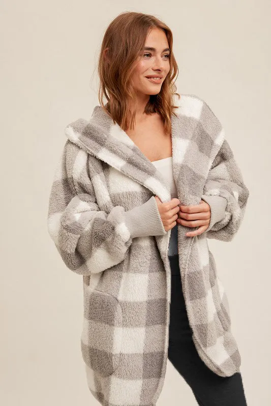 Gray Plaid Sherpa Plush Hooded Cardigan