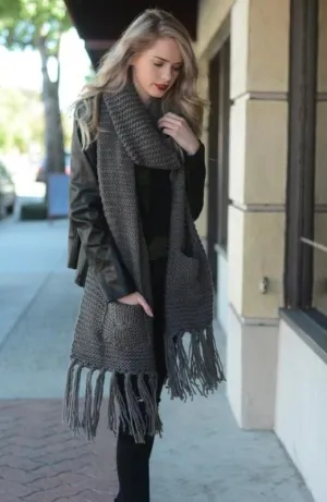 Grey Chunky Tassel Scarf with Pockets