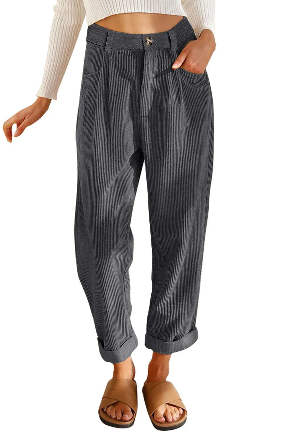 Grey Corduroy High Waisted Wide Leg Pants